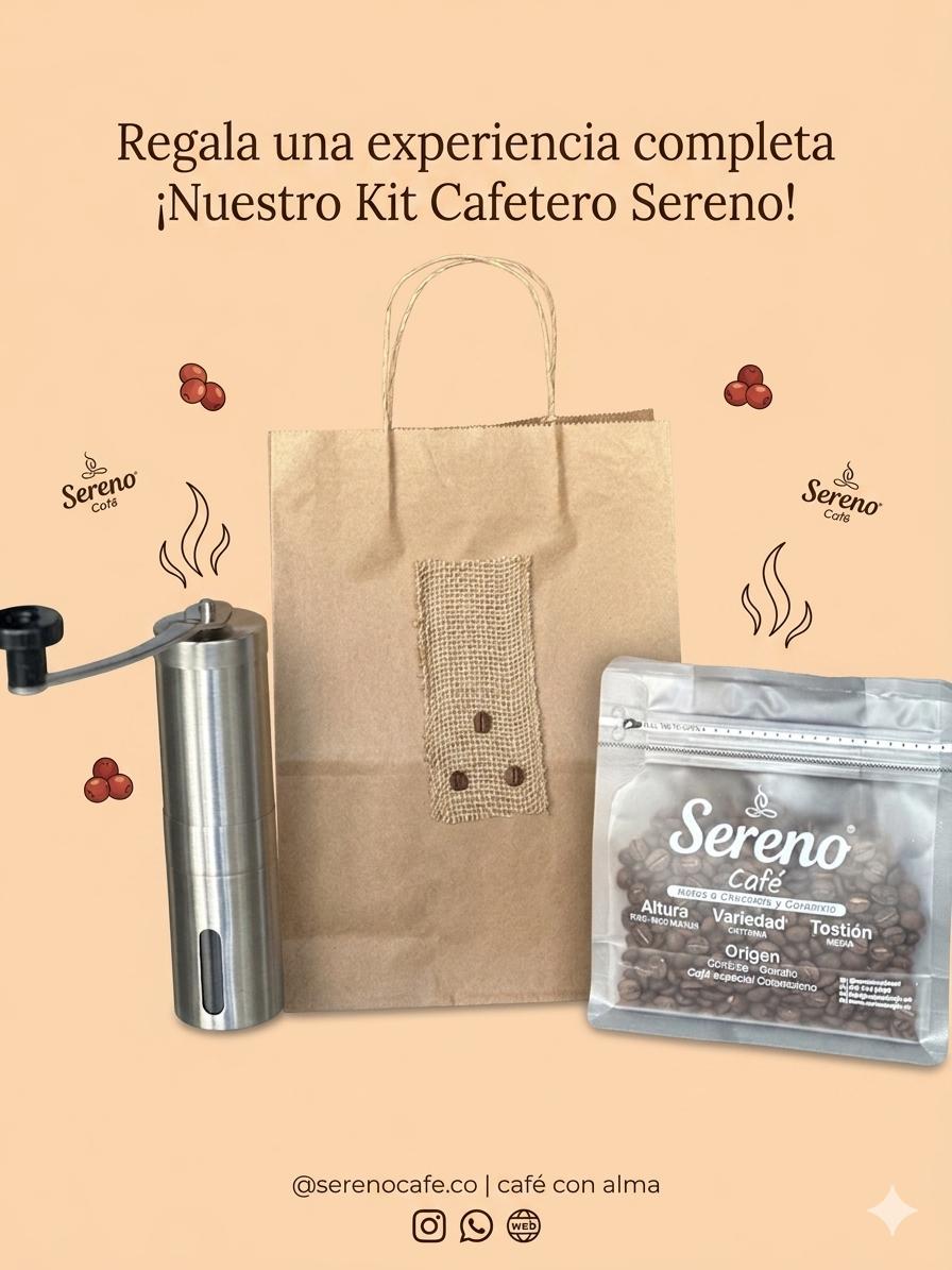 Kit Cafetero Sereno con molino manual, bolsa de 250 g y empaque de regalo artesanal