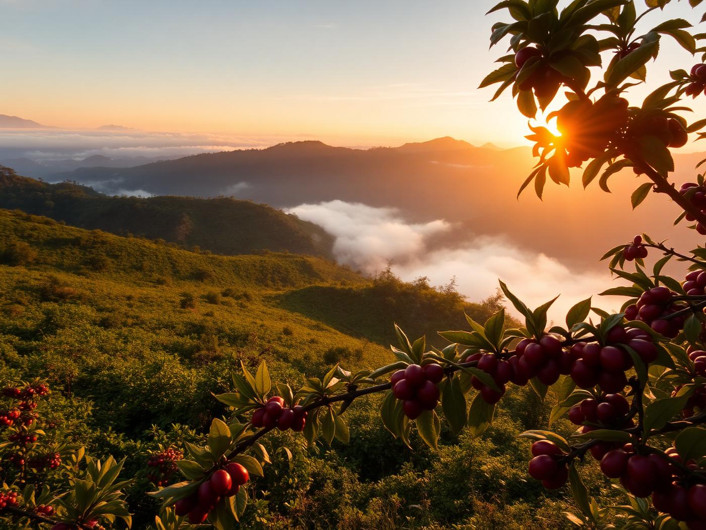 Plantación de café al amanecer, con neblina suave entre las hojas